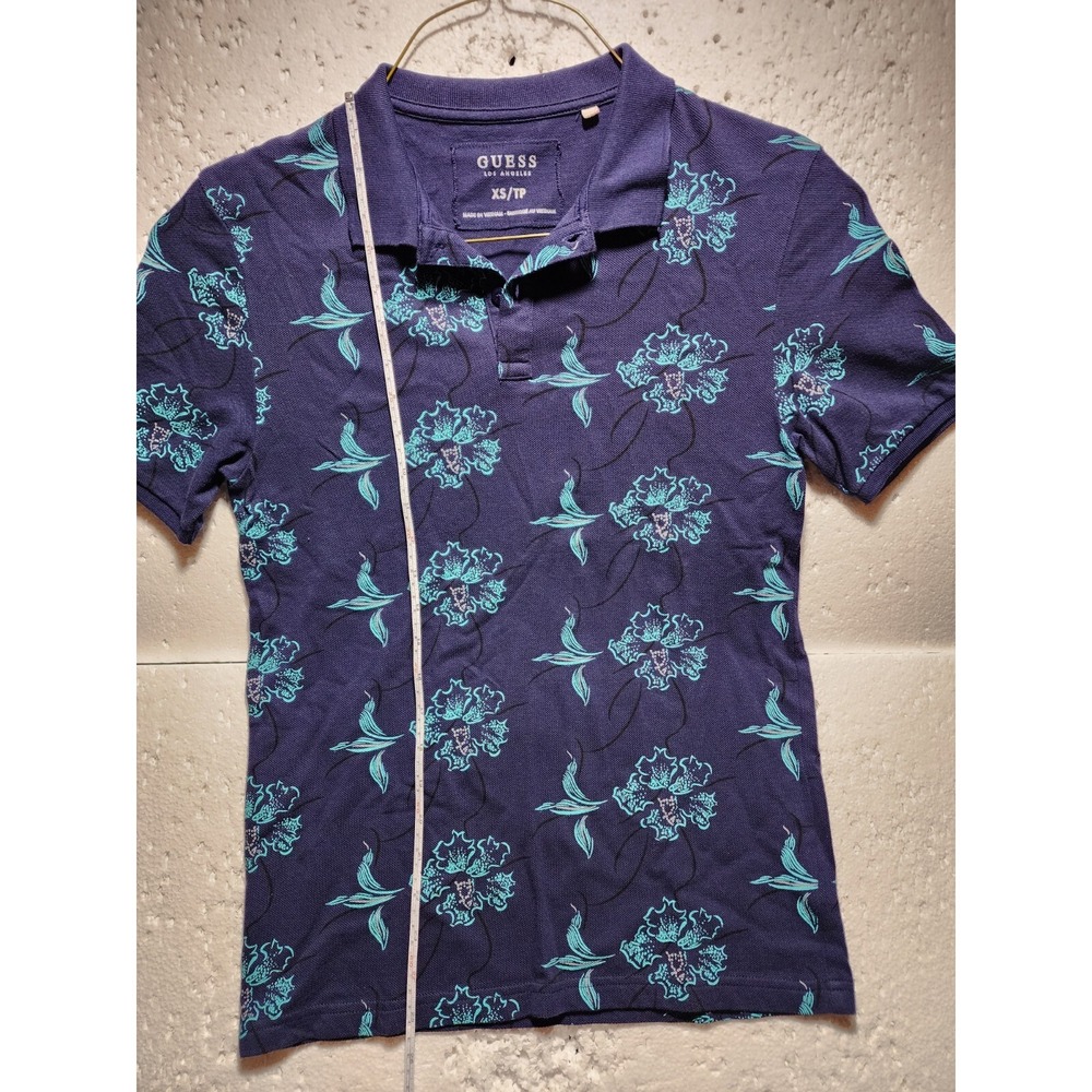 Guess Top Womens XL Blue Floral Short Sleeve Blouse Tank Collared Quarter Button - Picture 13 of 15